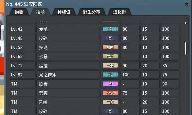 口袋妖怪漆黑的魅影烈咬陆鲨技能表